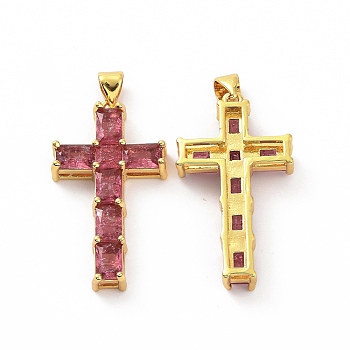 Brass Micro Pave Clear Cubic Zirconia Pendants, Cross, Religion, Cerise, 32.5x18x5.5mm, Hole: 3.5x5mm