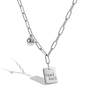 925 Sterling Silver Pendant Necklaces, Rectangle with Word Good Luck, Silver, 15.35 inch(39cm)