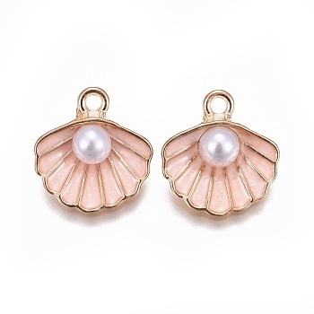 Zinc Alloy Enamel Pendants, with ABS Plastic Imitation Pearl, Shell, Light Gold, Pink, 15.5x14.5x6mm, Hole: 2mm