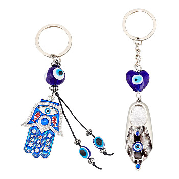 ARRICRAFT 2Pcs 2 Style Turkish Blue Evil Eye Lucky Shoes/Hamsa Hand/Hand of Miriam Pendant Alloy Keychain, with Iron Findings, Antique Silver & Platinum, 13.6~14.5cm, 1pc/style