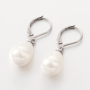 Teardrop Shell Pearl Leverback Dangle Earrings, with 304 Stainless Steel Leverback Hoop Earrings, Stainless Steel Color, White, 31mm, Pin: 1mm