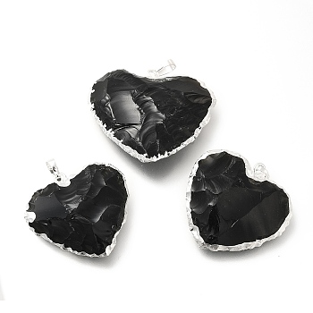 Natural Obsidian Pendants, Heart Charms, with Rack Plating Brass Findings, Platinum, 31~36.5x31.5~37.5x8.5~10.5mm, Hole: 7x4.5mm