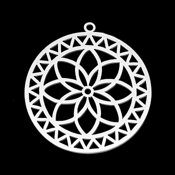 201 Stainless Steel Pendants, Laser Cut, Hollow, Flat Round with Flower, Stainless Steel Color, 34.5x32x1mm, Hole: 1.6mm