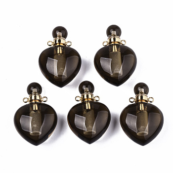 Natural Smoky Quartz Pendants, Openable Perfume Bottle, with Golden Tone Brass Findings, Heart, 33~34.5x22.5x12.5~13.5mm, Hole: 1.8mm, Bottle Capacity: 1ml(0.034 fl. oz)