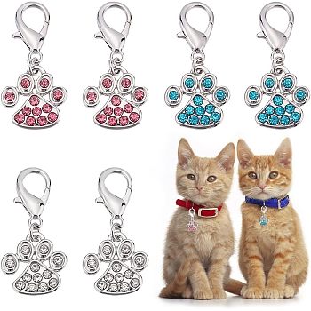 CHGCRAFT 6Pcs 3 Colors Alloy Rhinestone Pendant Decoration, Lobster Clasp Charms, Pet Charms, Paw Print, Mixed Color, 35mm, 2pcs/color