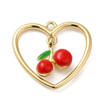 Alloy Pendants, with Enamel, Heart with Cherry Charm, Golden, 21.5x23x6mm, Hole: 1.6mm