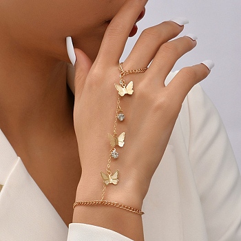 Rhinestone Butterfly Ring Bracelets, Iron Curb Chain Bracelet with Finger Ring, Golden, 7-1/4 inch(18.3cm), Inner Diameter: 30mm