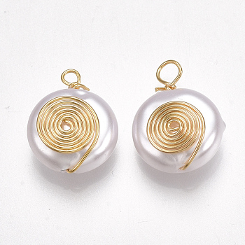 ABS Plastic Imitation Pearl Pendants, with Brass Findings, Nickel Free, Real 18K Gold Plated, Flat Round, White, 16~17x12x6mm, Hole: 1.5~2.5mm