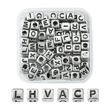 Plated Acrylic Beads, Horizontal Hole, Cube with Random Mixed Letters, Antique Silver, 6x6x6mm, Hole: 3mm, 100pcs/box