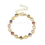Heart Brass Pave Cubic Zirconia Link Chain Bracelets for Women, Rack Plating, Cadmium Free & Lead Free, Long-Lasting Plated, Golden, Mixed Color, 5.91 inch(15cm)(BJEW-P385-07G)