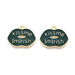 Irish Alloy Enamel Pendants, Lip Charms, Golden, Dark Green, 18x21x1mm, Hole: 1.8mm(ENAM-T023-03B)