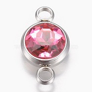 Glass Links connectors, Faceted, with 304 Stainless Steel Findings, Flat Round, Stainless Steel Color, Rose, 17.5x10x6.5mm, Hole: 2.5mm(GLAA-G018-P08)