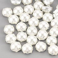 ABS Plastic Imitation Pearl Shank Buttons, with Brass Findings, Half Round, Creamy White, Silver Color Plated, 7x7x4.5mm, Hole: 1mm(BUTT-T002-7mm-01S)