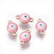Ion Plating(IP) 304 Stainless Steel Enamel Links connectors, Flat Round with Evil Eye, Golden, Pink, 9.5x6x3.5mm, Hole: 1.2mm(STAS-F206-02G-A09)