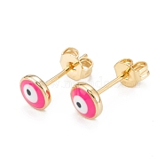 Brass Enamel Stud Earrings, Long-Lasting Plated, Flat Round with Evil Eye, Real 18K Gold Plated, Deep Pink, 6x2.5mm, Pin: 0.8mm(EJEW-D274-02G-02)
