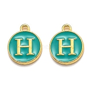 Golden Plated Alloy Enamel Charms, Enamelled Sequins, Flat Round with Alphabet, Letter.H, Green, 14x12x2mm, Hole: 1.5mm(X-ENAM-Q437-15H)