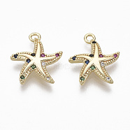 Brass Micro Pave Cubic Zirconia Charms, Nickel Free, Starfish, Real 18K Gold Plated, Colorful, 14.5x13x3mm, Hole: 1.4mm(X-KK-R132-014-NF)