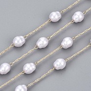 Handmade ABS Plastic Imitation Pearl Beads Chains, for Necklaces Bracelets Making, with Brass Paperclip Chains, Long-Lasting Plated, Soldered, Light Gold, Creamy White, Link: 3x1x0.4mm, Oval: 1/4x1/4 inch(7.5x6.5mm,Link: 3x1x0.4mm, Oval: 7.5x6.5mm(CHC-T012-27LG)