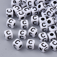 White Opaque Acrylic Beads, Horizontal Hole, Cube with Black Alphabet, Letter.C, 4~5x4~5x4~5mm, Hole: 1.8mm, about 255~260pcs/20g(X-MACR-R869-02C)