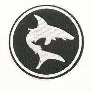 Computerized Embroidery Cloth Iron on/Sew on Patches, Costume Accessories, Appliques, Flat Round with Shark, Black & White, 78mm(DIY-O003-33)
