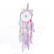 Handmade Unicorn Woven Net/Web with Feather Wall Hanging Decoration, with Beads & Ribbon & Flower, for Home Offices Ornament, Lilac, 850~920x205mm, Pendant: 800~805mm long(HJEW-A001-01B)