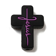 Silicone Beads, Cross with Word Jesus, Black, 30x22x8mm, Hole: 2.5mm(SIL-Z010-01A)