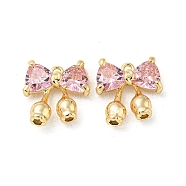 Rack Plating Brass Pendants, with Pearl Pink Glass, Bowknot Charms, Real 18K Gold Plated, 14x13x4mm, Hole: 1.4mm(KK-H460-56G-02)