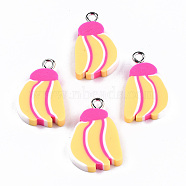 Handmade Polymer Clay Pendants, with Platinum Tone Iron Findings, Banana, Gold, 21~22x14~15x4.5mm, Hole: 2mm(CLAY-T016-76)