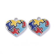 Alloy Enamel Pendants, Heart with Puzzle Autism Symbol, Colorful, Platinum, 19x20.5x2mm, Hole: 2mm(X-ENAM-G192-07P)