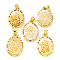 Natural Yellow Shell Carved Angel Pendants, Rack Plating Brass Oval Charms, Golden, 25x17x3.5mm, Hole: 3.5x5mm(KK-D537-07G-01)