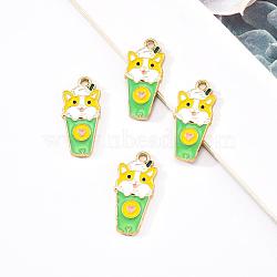 Eco-Friendly Alloy Enamel Pendants, Cadmium Free & Lead Free & Nickel Free, Cup with Dog, Light Gold, Medium Spring Green, 25x11.5x1.2mm, Hole: 2mm(X-ENAM-Q437-013-NR)