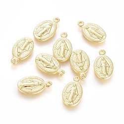 Brass Charms, Long-Lasting Plated, Miraculous Medal, Oval with Virgin Mary, Real 18K Gold Plated, 14x8x1.5mm, Hole: 1.2mm(KK-G389-24G)