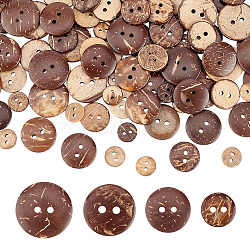 200Pcs 4 Style 2-Hole Flat Round Coconut Buttons, Coconut Brown, 10~20x2~3.5mm, Hole: 1~2mm, 50pcs/style(BUTT-AR0001-03)