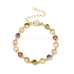 Heart Brass Pave Cubic Zirconia Link Chain Bracelets for Women, Rack Plating, Cadmium Free & Lead Free, Long-Lasting Plated, Golden, Mixed Color, 5.91 inch(15cm)(BJEW-P385-07G)