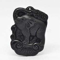 Natural Obsidian Large Cameo Pendants, Chinoiserie Jewelry Pendants, Elephant, 53~55x37~39x10~12mm, Hole: 2mm(G-K124-08)