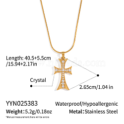 Fashion 304 Stainless Steel Crystal Rhinestone Cross Pendant Round Snake Chain Necklaces for Women, Real 18K Gold Plated, 15.94 inch(40.5cm)(XF9341-1)