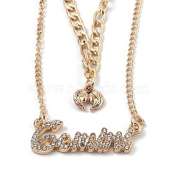 Alloy Double Layered Necklaces, Pendant Necklaces, with Glass Rhinestone, Constellation/Zodiac Sign, Golden, Gemini, Word: 33.5x12x2.5mm, 16.14 inch(41cm)(NJEW-B0002-07G)