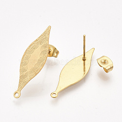 304 Stainless Steel Stud Earring Findings, with Loop and Ear Nuts/Earring Backs, Leaf, Golden, 27.5x8.5mm, Hole: 1mm, Pin: 0.7mm(X-STAS-S079-61)