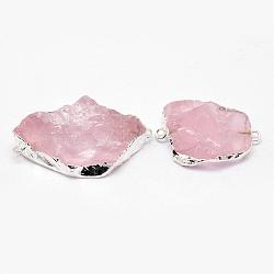 Natural Madagascar Rose Quartz Crystal Links connectors, Nuggets, with Bass Findings, Silver Color Plated, 32~42x24~28x9mm, Hole: 2mm(G-G895-14S)