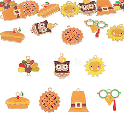 14Pcs 7 Styles Thanksgiving Day Theme Alloy Enamel Pendants, Golden, Turkey/Owl/Food/Hat Charm, Mixed Shapes, 17.5~25.5x16.5~20.5x1.5mm, Hole: 1.6~2mm, 2pcs/style(ENAM-TA0003-35)