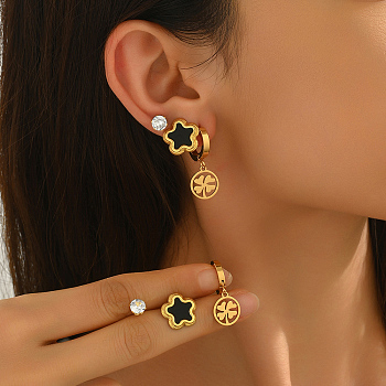 3 Pairs Stainless Steel Flower & Flat Round Earring Sets, with Rhinestone, Golden, 15~30x7~13mm