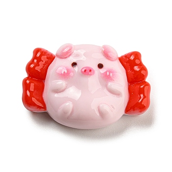 Pig Theme Opaque Resin Cabochons, Funny Pig with Wing, Pink, 17.5x26x8mm