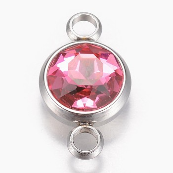 Glass Links connectors, Faceted, with 304 Stainless Steel Findings, Flat Round, Stainless Steel Color, Rose, 17.5x10x6.5mm, Hole: 2.5mm