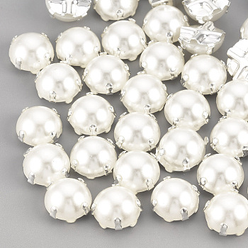 ABS Plastic Imitation Pearl Shank Buttons, with Brass Findings, Half Round, Creamy White, Silver Color Plated, 7x7x4.5mm, Hole: 1mm