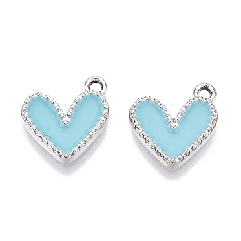 Rack Plating Alloy Enamel Charms, Heart Charm, Platinum, Sky Blue, 14.5x13x2mm, Hole: 1.6mm