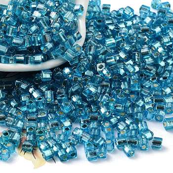 Glass Seed Beads, Silver Lined, Square, Dodger Blue, 3~4x3x3mm, Hole: 1.2mm, about 6300pcs/pound