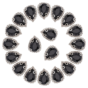 30Pcs Glass Sew on Rhinestone, Garments Accessories, Multi-Strand Links, with Alloy Settings, Teardrop, Black, 23x17.5x7mm, Hole: 1.2mm