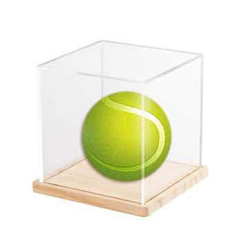Transparent Acrylic Baseball Display Boxes, Cube Baseball Case with Wood Base, for Single Ball Holder, Clear, 11.5x11.5x11.2cm