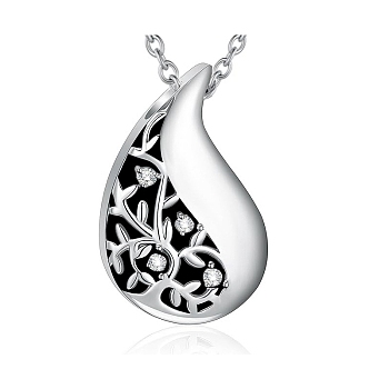 Stainless Steel Cremation Box Pet Memorial Pendant Cable Chain Necklace, Crystal Rhinestone Teardrop Urn Ashes Pendants Necklaces for Women Men, Stainless Steel Color, 21.65 inch(55cm)