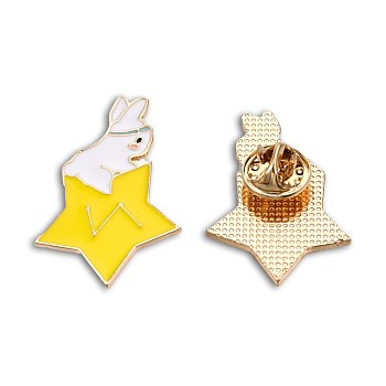 Star with Rabbit Shape Enamel Pin, Light Gold Plated Alloy Cartoon Badge for Backpack Clothes, Nickel Free & Lead Free, Yellow, 35x22.5mm